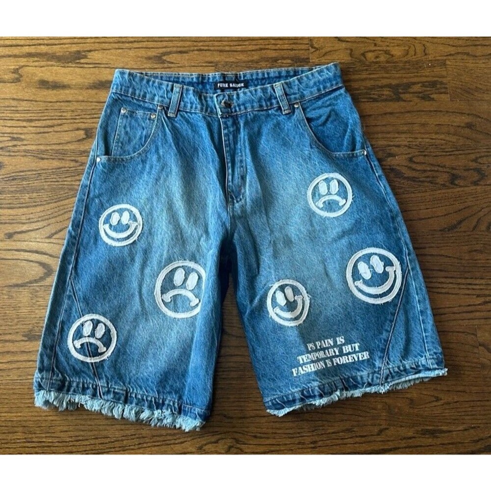 Unisex Pure Sauce Smiley Face Denim Jorts Sz Large